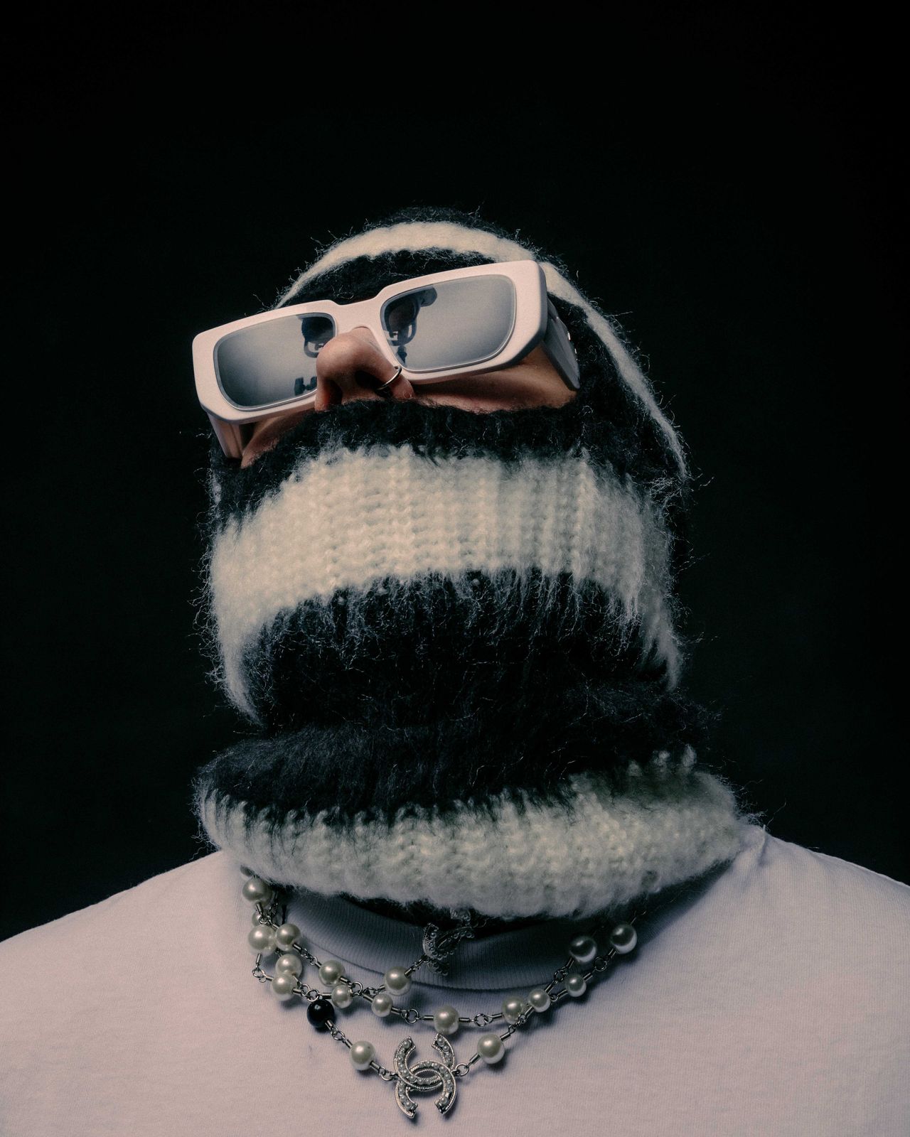 Fashion accessory close-up portrait model in chunky knit balaclava and sunglasses — Thomas Habr editorial photographer
