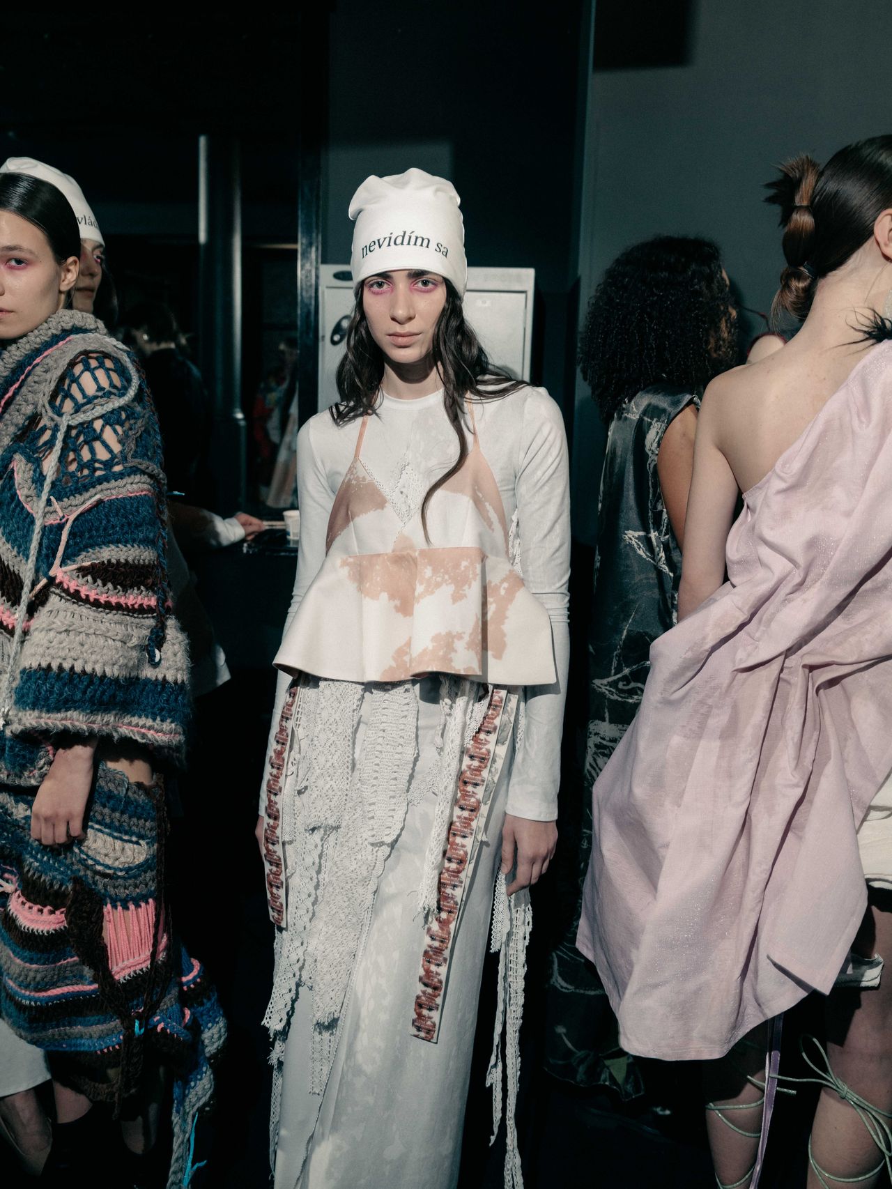 Fashion week backstage photography models in deconstructed white and pink outfits — Thomas Habr fashion photographer