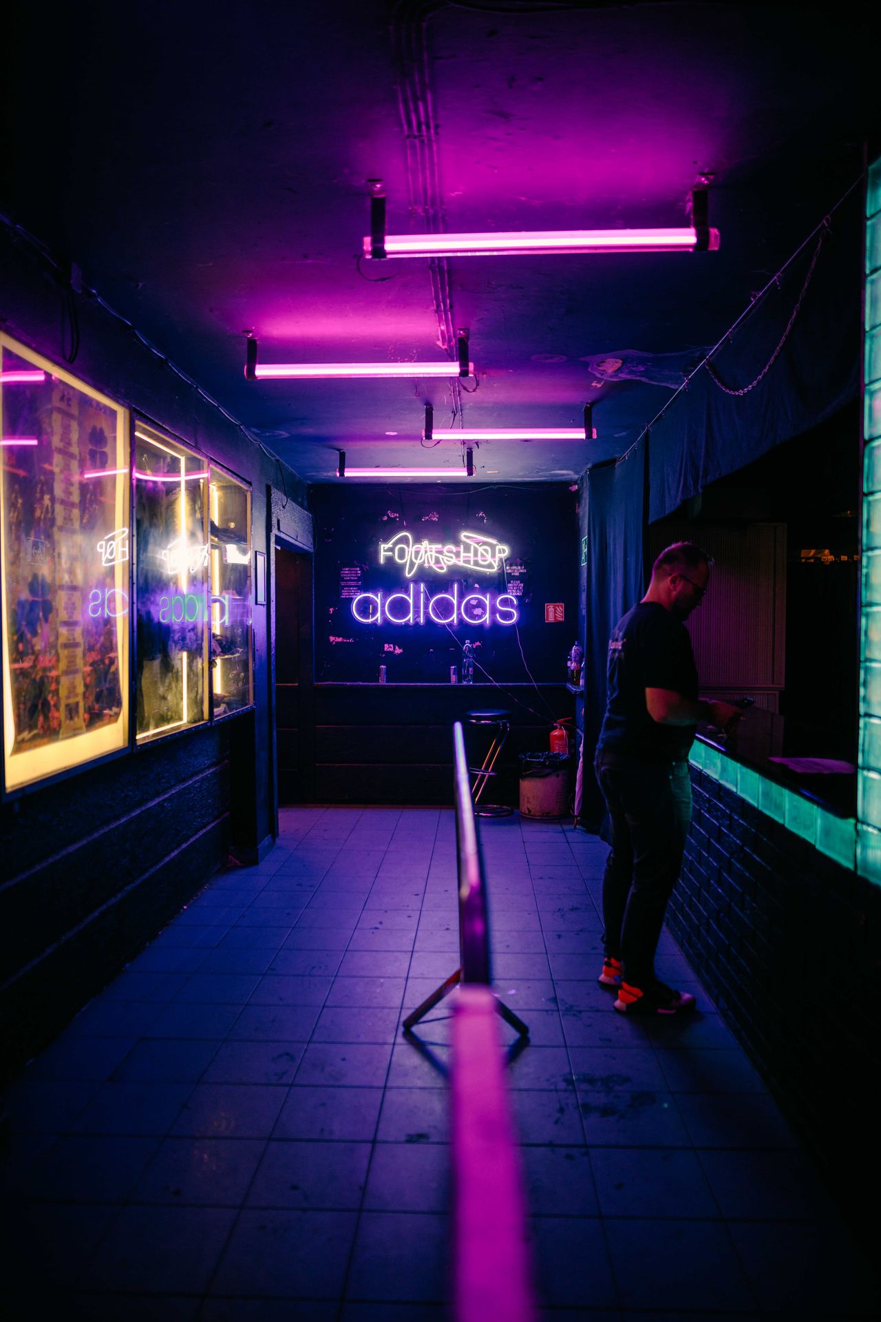 Adidas event interior neon sign corridor nightlife photography — Thomas Habr commercial photographer