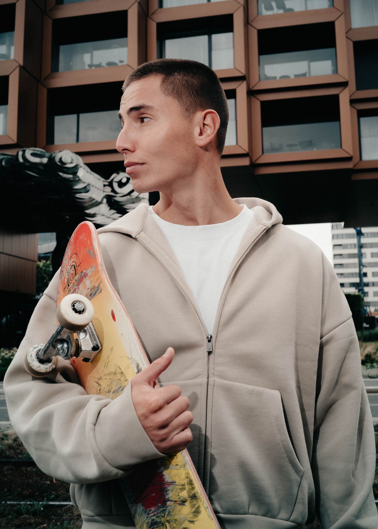 David Luu influencer lifestyle portrait holding skateboard urban Prague — Thomas Habr photographer