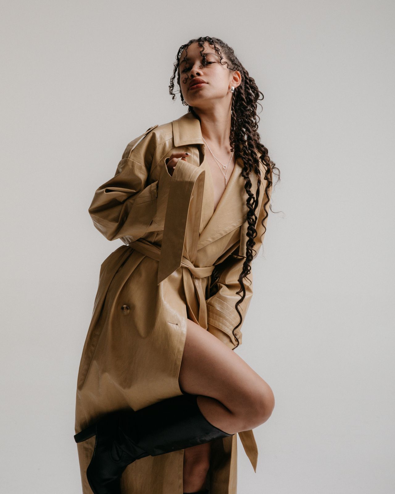 Via Concept Store fashion editorial campaign model in oversized camel trench coat — Thomas Habr fashion photographer